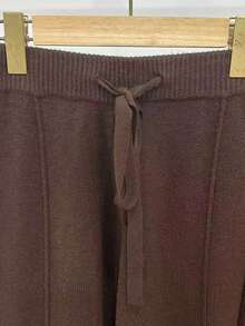 SHEIN Unity 2pcs Apricot Women Knit Sweater Set, Ribbed Texture Cream Color Pullover & Pants Casual Minimalist Outfit - Coffee Brown - View 5