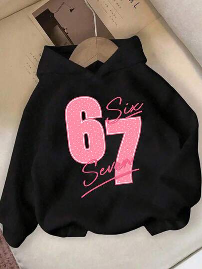 Sparklyn Autumn/Winter Tween Girl Casual Fashionable Creative Personalized Fresh Minimalist Chic 67 Pink Graphic Letter Slogan Print Comfortable Sweatshirt, Cozy Fall & Winter Styles Suitable For Girls