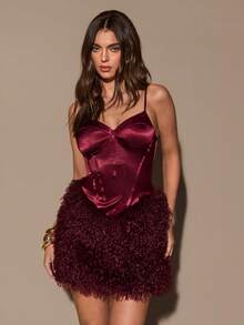 SHEIN BAE Women's Red Satin Patchwork Fur Trim Mini Dress,Valentines Day Dress,Birthday Dress,Elegant Dresses ,Red Dress - Burgundy - View 1