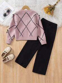 SHEIN 2pcs Set: Bowknot Pearl Embellished Drop Shoulder Sweater & Solid Black Wide Leg Pants, Princess Seam, Suitable For Daily Wear, Back To School, Casual Occasions, Autumn/Winter Girls Sweater Sets Girls Winter Outfit Sets Girl Knit Set Kids Two Piece Sets Twenn Girl Clothes Set Girls Knit Set - Purple - View 2