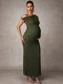 MaterniChic 孕妇休闲斜肩无袖长裙 - 軍綠色 - 查看 5