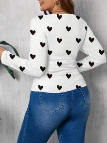 EMERY ROSE Camiseta de cuello de pico holgada con estampado de corazón para mujeres de talla grande - Multicolor - Ver 2