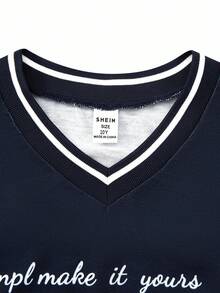 SHEIN Explorewe 2 件套女童休闲数字 V 领长袖 T 恤上衣，搭配梭织工装裤，数字图形设计，撞色腰带，柔软舒适的面料，适合返校、日常休闲穿着，春夏秋 - 藏蓝色 - 查看 3