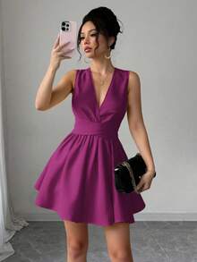 Franclia 女士浪漫优雅性感婚礼宾客纯色交叉 V 领无袖 A 字迷你连衣裙，演唱会服装百搭设计，适合海滩、派对、春夏口袋晚礼服露背奶油黄短裙 - 紫色 - 查看 3