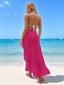 Swim Vcay Solid Color Ruffle Hem Slit Up To Thigh Skirt Coverup - Hot Pink - View 2
