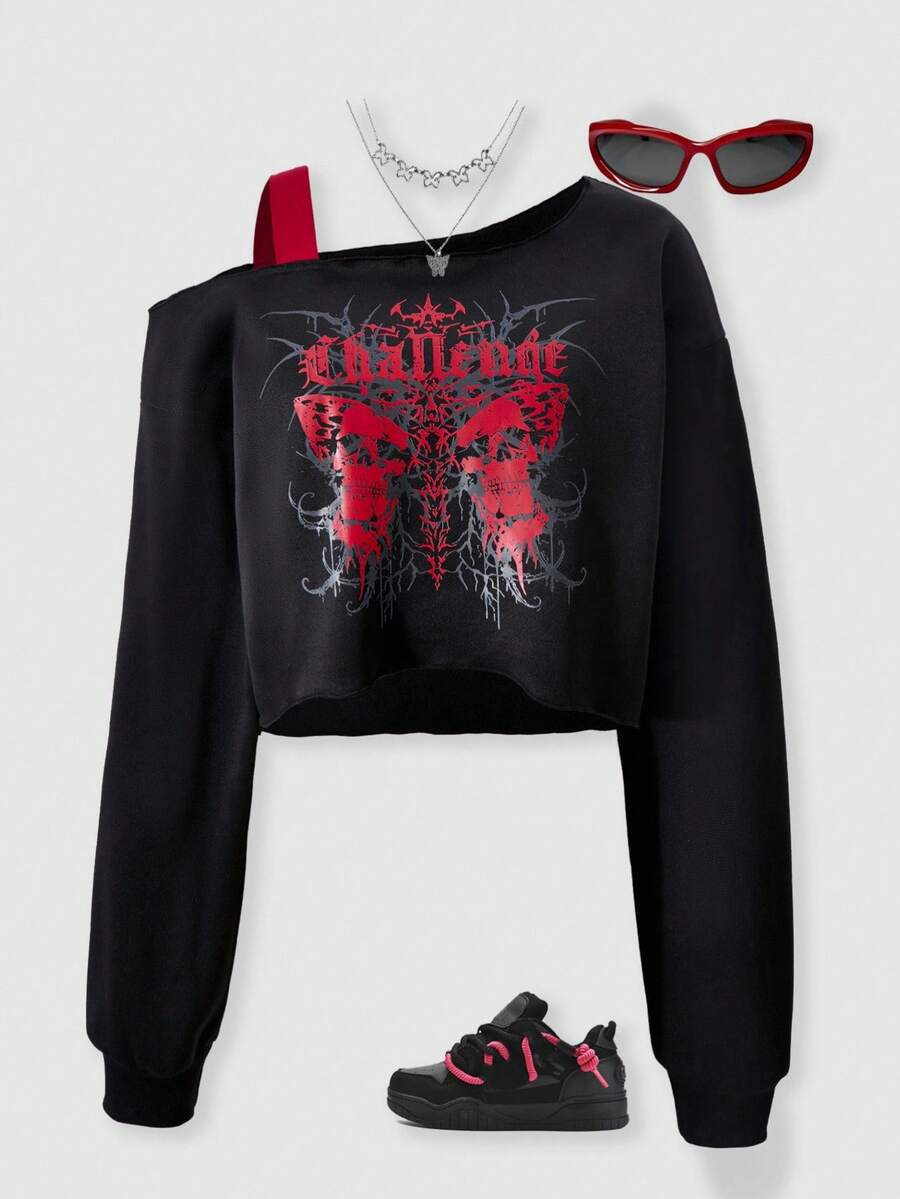 SHEIN Explorewe Streecool Teen Girls' Asymmetrical Long Sleeve Sweatshirt,Contrast Shoulder Patchwork Dark Style Graphic Print Black Autumn Streetwear Techno Rave - Black - View 1