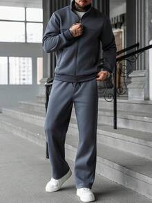 Manfinity CasualCool 男士纯色拉链前开襟夹克和抽绳腰带裤休闲套装