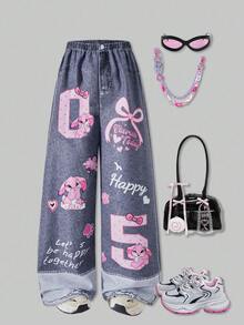 SHEIN Explorewe 青少年女孩休闲日常卡通字母印花松紧腰阔腿裤 - 彩色 - 查看 1