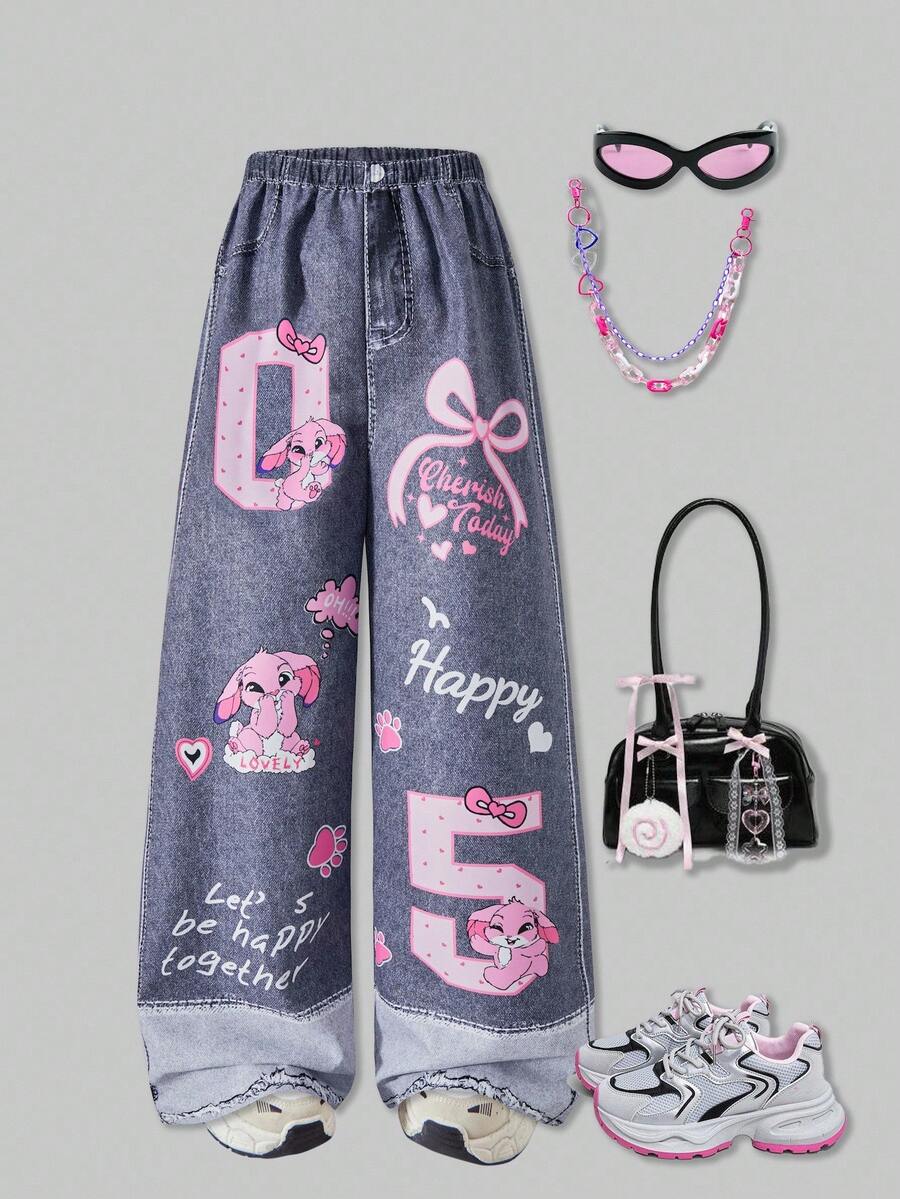 SHEIN Explorewe 青少年女孩休闲日常卡通字母印花松紧腰阔腿裤 - 彩色 - 查看 1