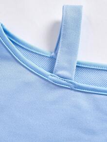 SHEIN ChillGRL 2 件套青少年女孩宽松休闲肩带印花长袖运动衫 + 浅蓝色牛仔裤，适合日常、通勤、休闲、聚会、春夏季 - 藍色 - 查看 5