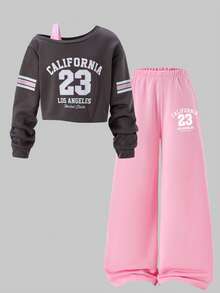 SHEIN ChillGRL 2 件套 Tween Girls ME 宽松设计斜肩撞色印花长袖上衣和阔腿裤套装，适合日常休闲、通勤、度假、聚会、街头风格、秋冬 - 粉色 - 查看 3