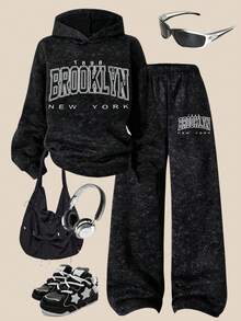 SHEIN ChillGRL 2件套少女休闲时尚布鲁克林图案连帽衫和阔腿裤，秋冬