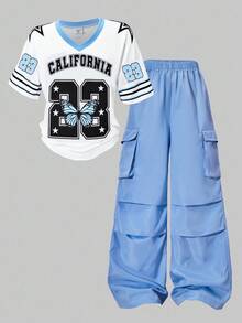 SHEIN ChillGRL 2pcs Tween Girls American Style Raglan Sleeve Graphic Tee & Applique Pocket Cargo Pants Set Girl Y2k Outfit