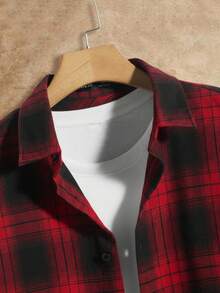 HIMLAND 男士格子长袖单排扣休闲通勤梭织衬衫 - 紅色 - 查看 3