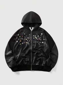 ROMWE MEN Street Life Men's Casual Faux Rhinestone Print Hoodie Sweatshirt - Black - View 1