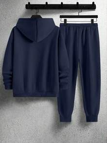 Manfinity Homme 男士休闲几何印花卫衣和运动裤两件套，秋冬服装 - 藏蓝色 - 查看 3