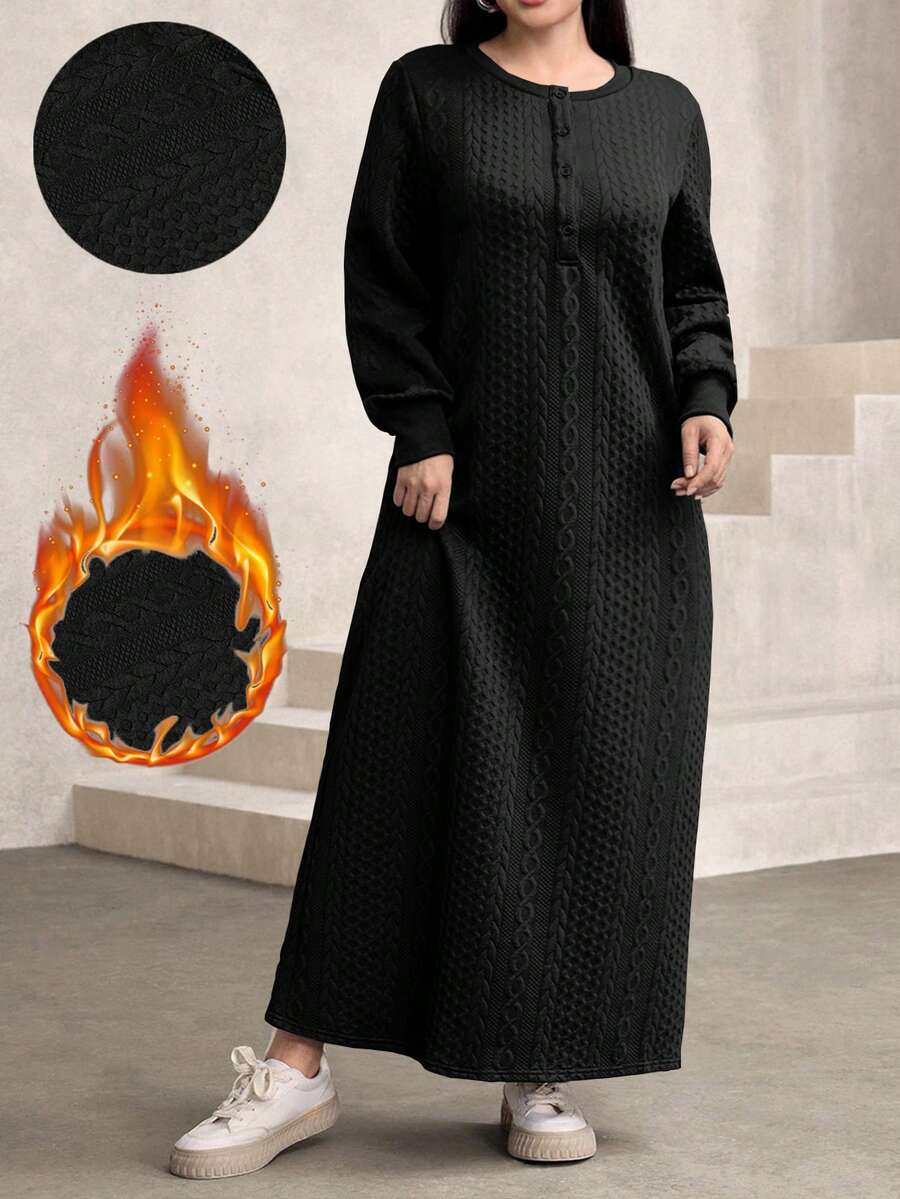 Modelyn Plus Size Women Casual Textured Fabric Round Neck Loose Long Sweatshirt, Green, Autumn/Winter - Black - View 1