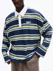 SUMWON Men's Long Sleeve Rugby Polo Shirt With Multi Stripe Pattern And White Collar Casual Preppy Style Top - Multicolor - View 1