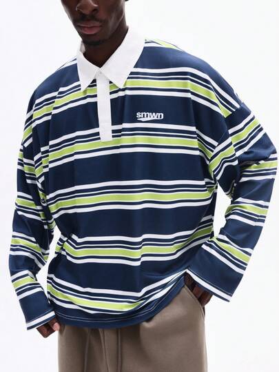 SUMWON Men's Long Sleeve Rugby Polo Shirt With Multi Stripe Pattern And White Collar Casual Preppy Style Top