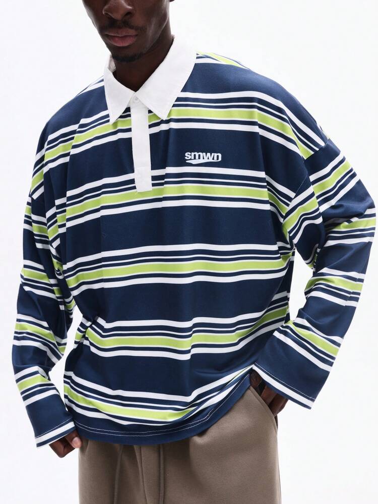 Long Sleeve Striped Rugby Polo With White Collar