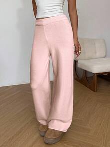 CovetEZ Women's Solid Color Elastic Waist Straight Leg Casual Knit Pants, Autumn/Winter Wide Leg Sweatpants Fold Over Pants Flare Sweat Pants