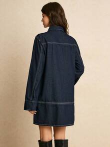 Poéselle Women's Denim Dress, Solid Color, Casual, Loose Fit, Pullover, Half-Platform, Long Sleeve, Dark Blue Denim Dress, Casual Outing, Work Attire, Date Outing, New Year's Day, Christmas, Valentine's Day, Mother's Day - Dark Wash - View 2