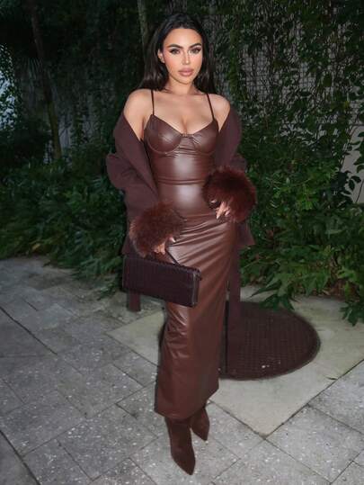 Durrani Popal Autumn/Winter Solid Brown/Coffee PU Leather Sexy Minimalist Bustier Corset Bodysuit, Fitted Long Strap Dress Suitable For Cocktail Party, Romantic Date, Layering Dress, Party, Nightclub, Halloween, Christmas