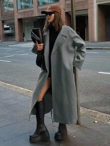 DAZY 女士纯色翻领插肩袖休闲羊毛混纺外套，秋冬女式外套 - 淺灰色 - 查看 1