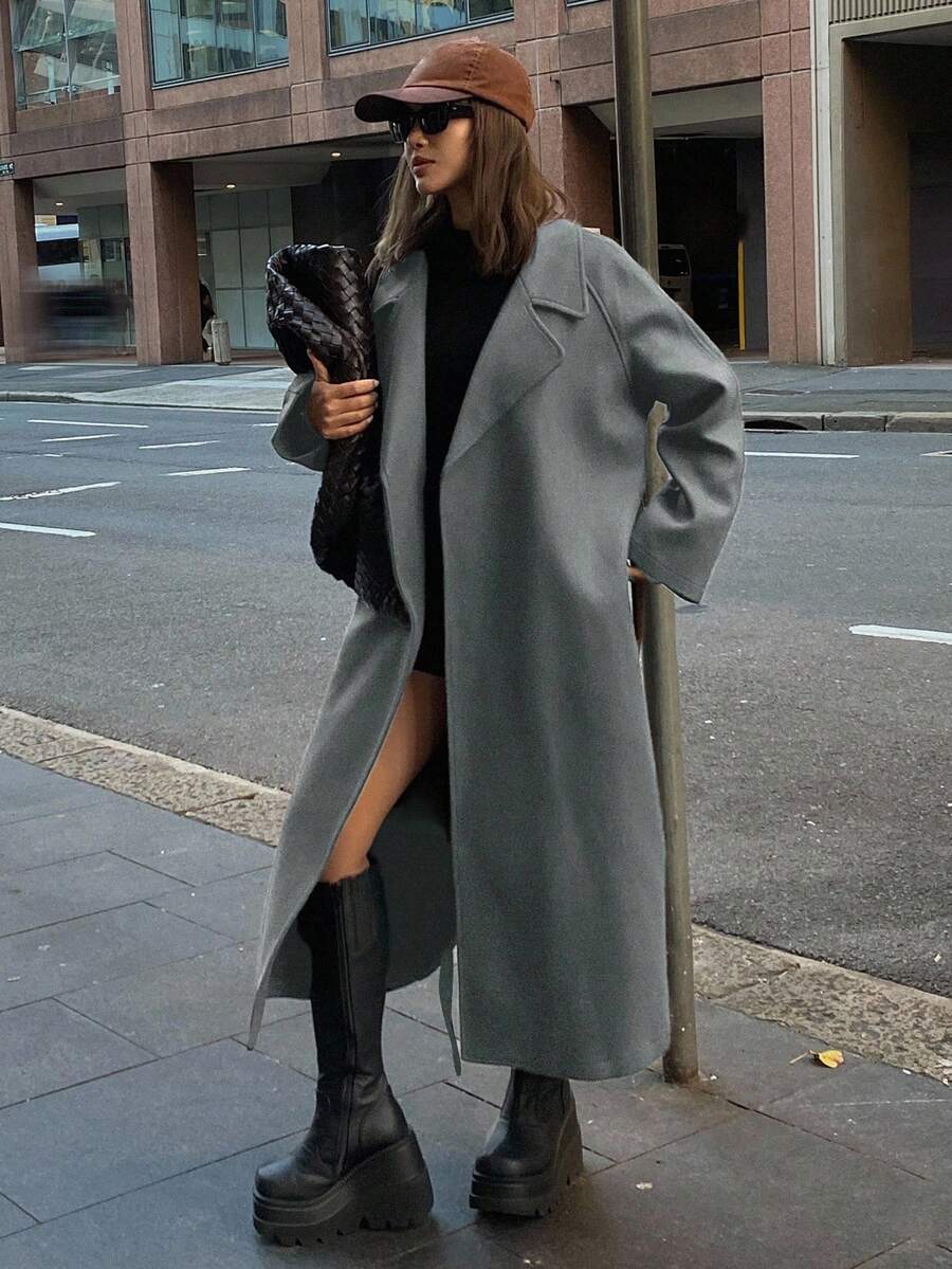 DAZY 女士纯色翻领插肩袖休闲羊毛混纺外套，秋冬女式外套 - 淺灰色 - 查看 1