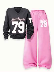 SHEIN Explorewe 2pcs/Set Girls Casual Fashion V-Neck 79 Los Angeles Graphic Sweatshirt & Wide Leg Pants, Autumn/Winter - Multicolor - View 3