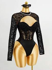 Mistrie Sexy Leopard Print Flocking Pattern Black Bodysuit,Summer Spring Mock Neck Cut Out Underwire Bust Cup Slim Fit Long Sleeve Semi-Sheer Bodysuits,Casual Cheetah Print Mesh Contract Boned Jumpsuits,Fashion Street See-Through Clothes,Sexy Party Outfits For Women,Music Festival/Club/Night Out/Rave Festival Outfits,Valentine Dating Wear - Black - View 1
