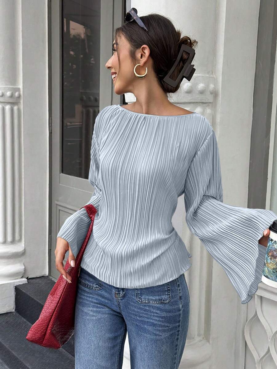 Elenzga 秋冬款宽圆领喇叭袖收腰褶皱衬衫 - 霧霾藍 - 查看 1