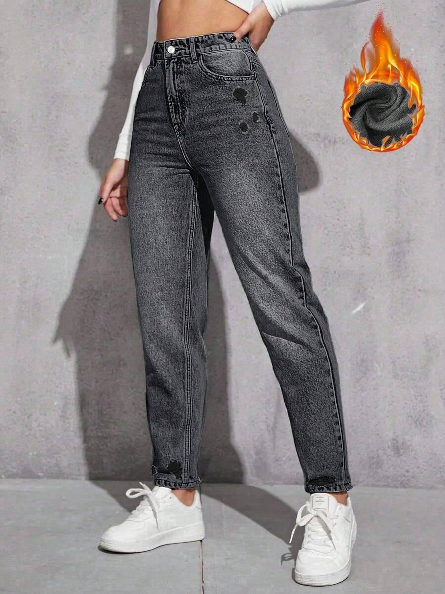 SHEIN ICON 大码女式休闲度假街头风破洞无弹力浅灰色牛仔裤 - 黑色 - 查看 1