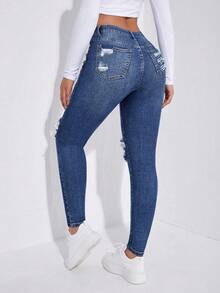Casual Washed Distressed Low Waist Skinny Jeans - Medium Wash - View 2