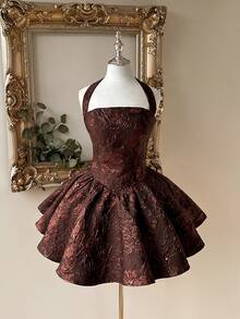 Lovelzi 优雅浪漫的酒红色提花面料露背吊带长袖A字连衣裙，适合毕业典礼、学校开学典礼、音乐节、生日派对、婚礼、下午茶聚会、舞会等场合。 - 咖啡棕 - 查看 6