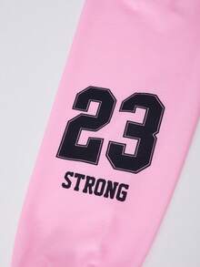 SHEIN ChillGRL 2件套青少年女孩V领字母印花连帽衫运动衫和工装裤休闲装 - 粉色 - 查看 4