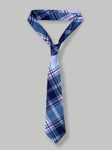 SHEIN ChillGRL 2pcs Tween Girls Sweet Loose Design Collared Shirt With Tie & Allover Print Plaid Pleated Mini Skirt Set, Suitable For Daily, Casual, Vacation, Gathering, Spring/Summer - Blue - View 3