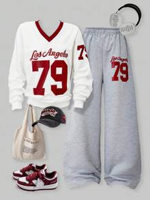 SHEIN ChillGRL 2 件套休闲学院风少女 V 领落肩短袖上衣和阔腿长裤 - 彩色 - 查看 5