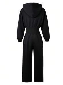 SHEIN ChillGRL 青少年女孩连帽拉链运动衫和高腰保暖衬里裤连体衣 - 黑色 - 查看 3