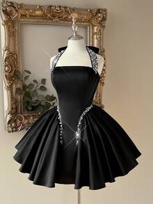 Lovelzi 优雅浪漫时尚黑色缎面水钻装饰露背礼服，适合派对、正式晚宴、婚礼宾客、黑色长裙、单身派对礼服、舞会礼服等场合。 - 黑色 - 查看 6