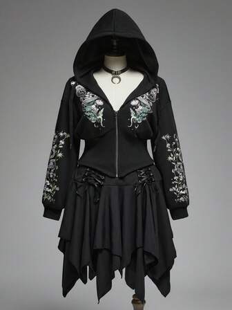 Plus Size Gothic Dark Moon Thorny Jungle Purple Flower Snake Print Drawstring Hooded Black High Waist Sweatshirt, Plus Size Autumn/Winter Women Hooded High Waist Sweatshirt, Plus Size Women Autumn/Winter Tops Outerwear