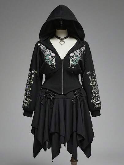 Plus Size Gothic Dark Moon Thorny Jungle Purple Flower Snake Print Drawstring Hooded Black High Waist Sweatshirt, Plus Size Autumn/Winter Women Hooded High Waist Sweatshirt, Plus Size Women Autumn/Winter Tops Outerwear