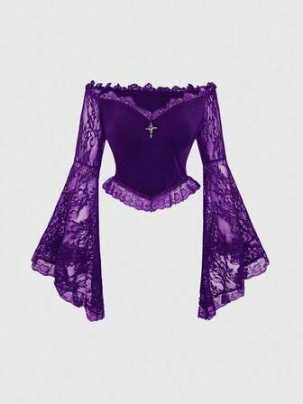 Blouse ajustée en velours avec manches évasées en dentelle et épaules dénudées, style gothique pour femmes