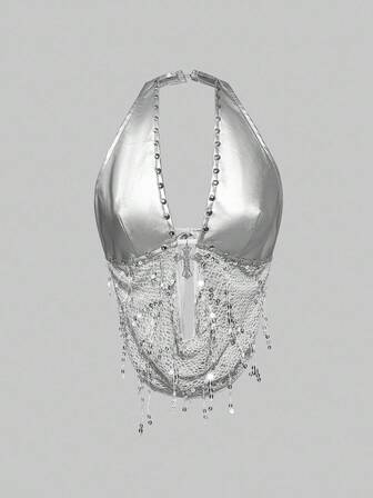 Grunge Punk Débardeur femme dos nu avec pendentif croix métallique, patchwork PU et filet perlé, style Y2K rave music festival