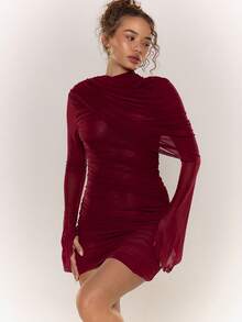 MUSERA Mesh Ruched Drape Long Sleeve Mini Dress Autumn Cosy Cute Casual Night Out Date Night Party Summer - Burgundy - View 5