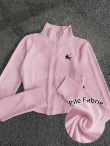 INAWLY 女士 Polo 图案抓绒外套，街头休闲运动拉链修身长袖外套，适合户外活动和旅行，秋冬季 - 淺粉色 - 查看 1
