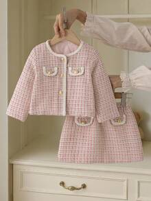 Souflis Souflis 两件套：优雅复古法式圣诞夹克和裙子套装，适合女婴，适合派对、聚会等场合，2025 年秋冬 - 粉色 - 查看 6