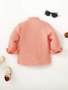 SHEIN Young Boy Solid Color Casual Front Button Stand Collar Versatile Everyday Shirt - Coral Pink - View 2