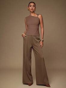 L'Amorae Damen Bluse mit einfarbigem Metalldekor, Schulterverbindungsdesign, Raffung, modisch und vielseitig einsetzbar - Schokoladenbraun - Übersicht 3