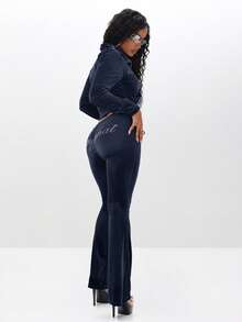 BABYPHAT Velour Funnel Neck Zip Up Sweatshirt With Rhinestone Text Embellishments Cropped Long Sleeve Tracksuit Top - Blue - View 7